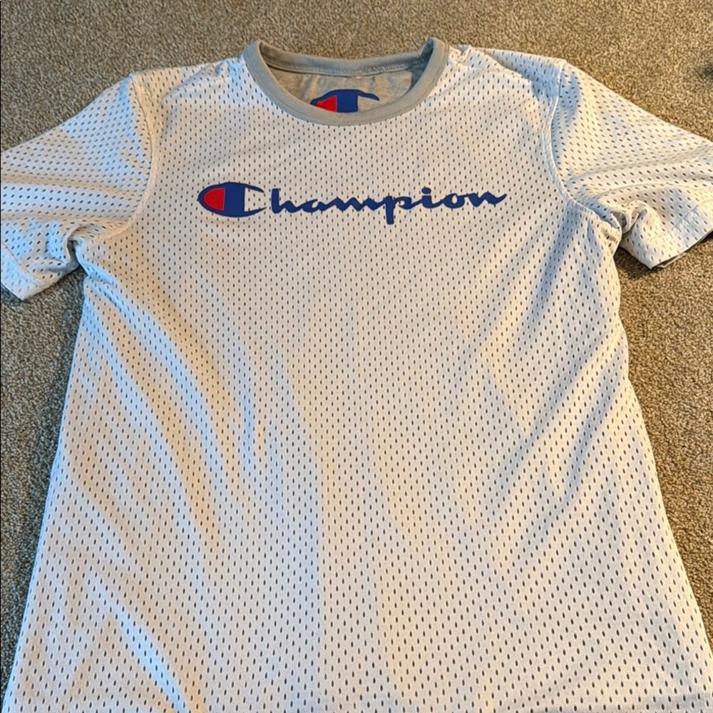 Champion White Mesh Tee with Blue Logo. New
